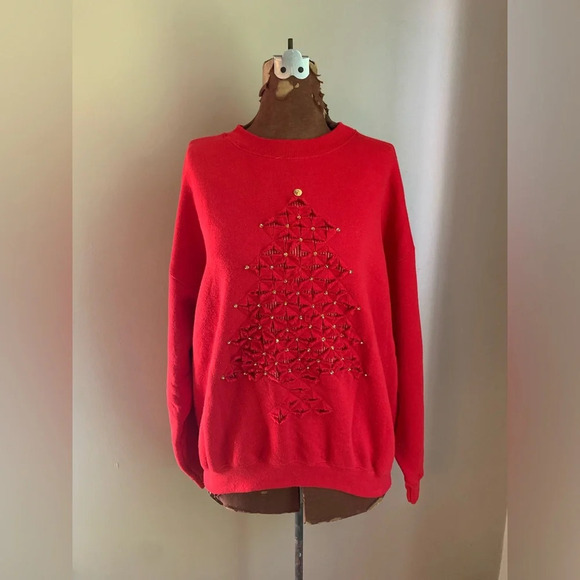 American Vintage Tops - Grandmacore red sweatshirt handmade vintage Christmas cutout sweatshirt